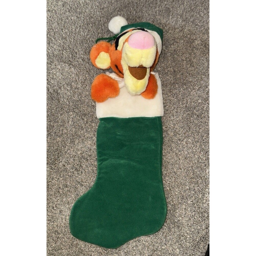 Green Disney Tigger Christmas Stocking Velvety Felt Pooh Plush Vtg 20”